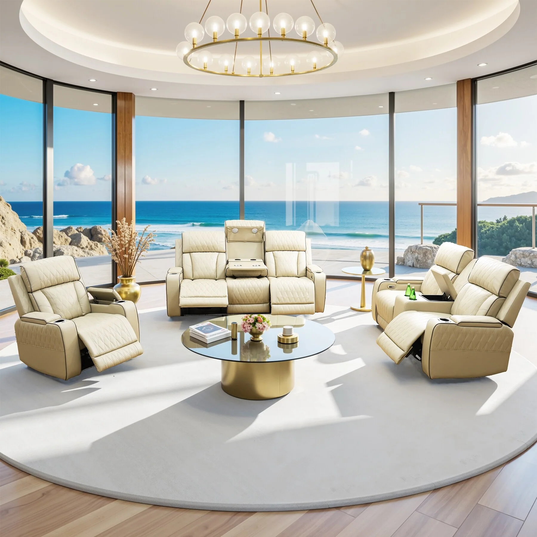 Beige Breathing Leather 3-Piece Living Room Recliner Sofa set