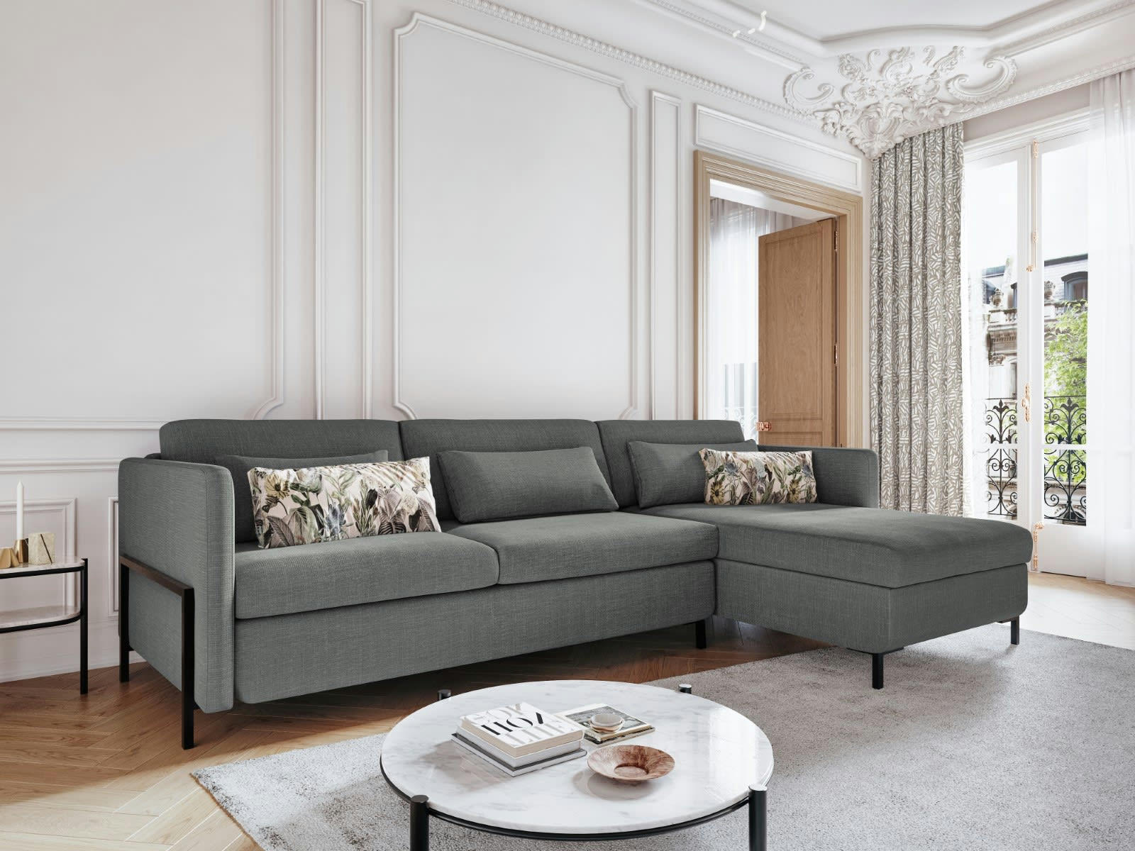 YANIS - Canapé D'Angle Droit Conv. Coffre 5 places en Tissu Structurel Gris