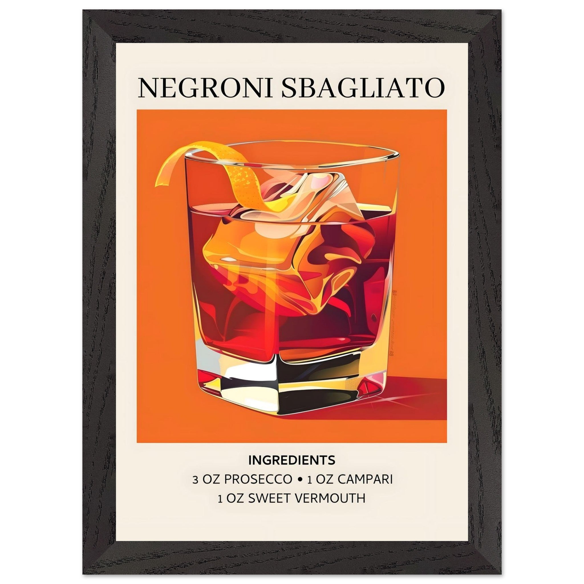 Artfulprints Poster met Lijst Negroni Sbagliato cocktail - Ingrediënten  - A4 21x29.7 cm - Oranje