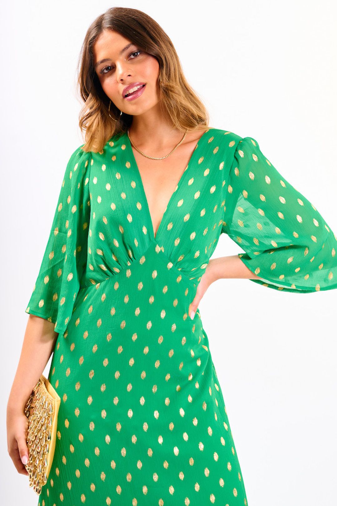 Needs No Label Green Foil Chiffon Midi Dress