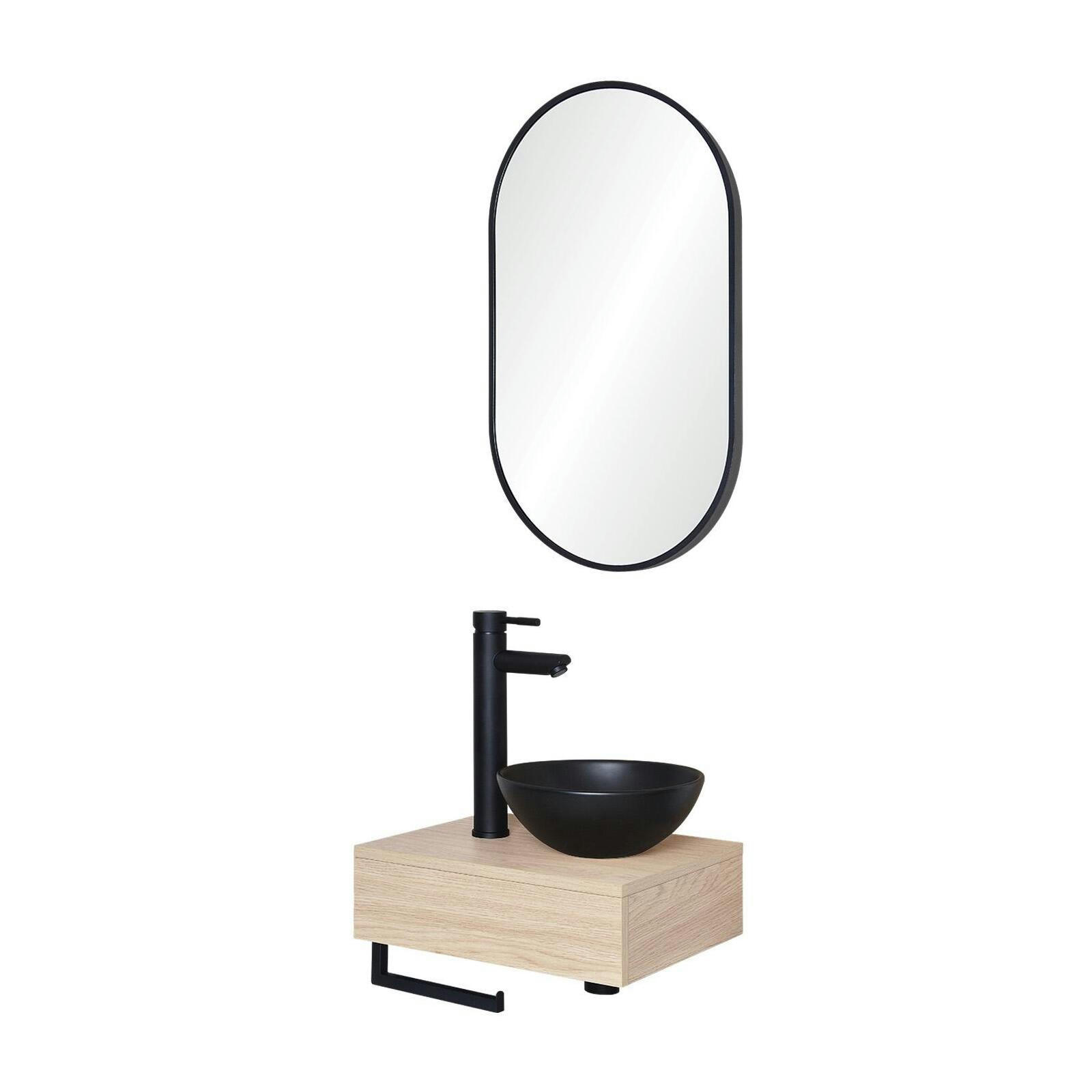 SOHO - Meuble lave-mains  plan épais vasque noire + miroir