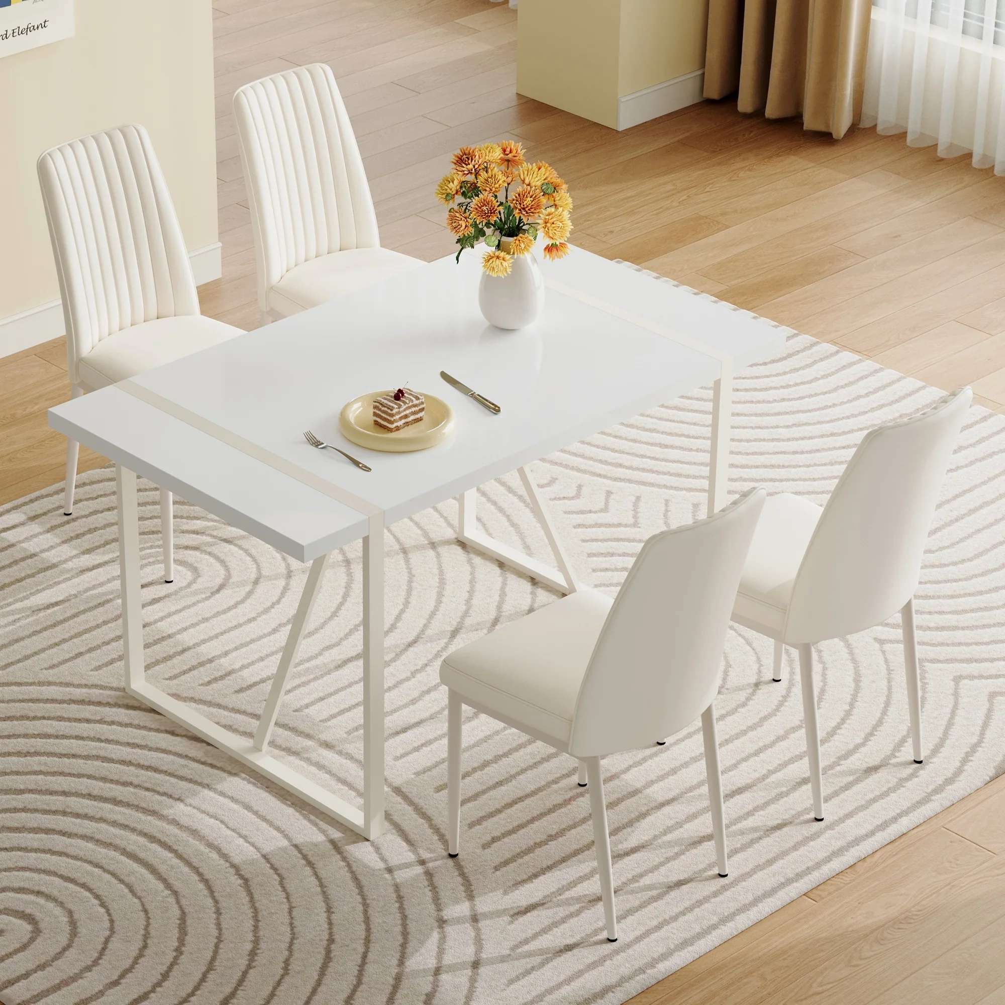 Modern Style Dining Set with Rectangular Table and Armless Vertical Stripes Dining Chairs