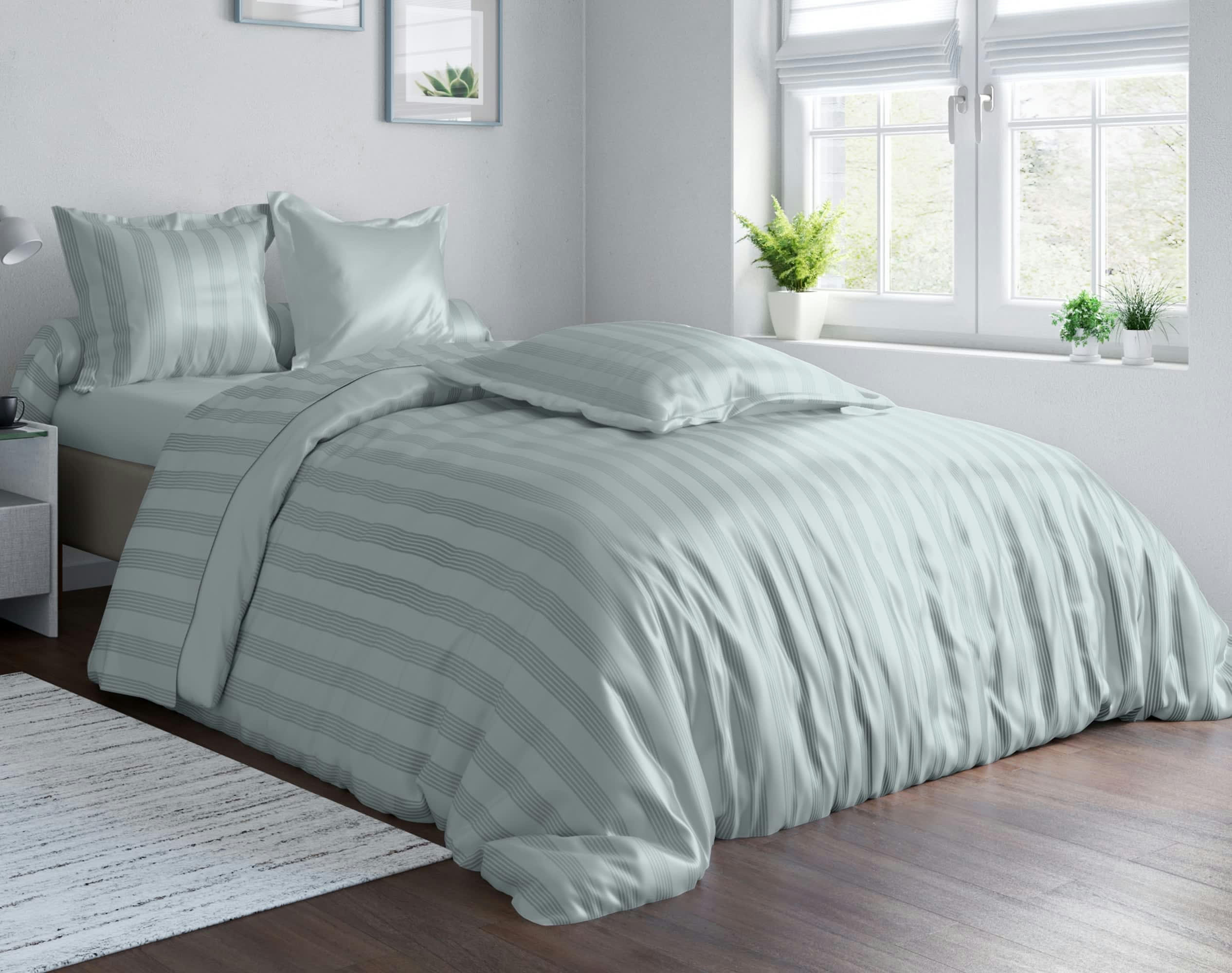 SATIN - Drap-housse gris perle en satin 140x190