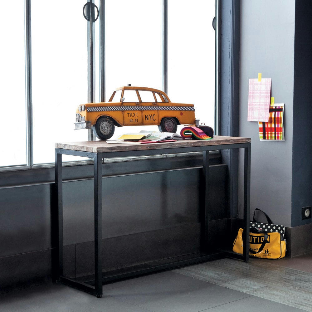 Long Island - Console industrielle en bois de sapin massif blanchi et métal