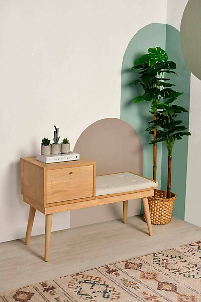 Banc Asolo, Banc polyvalent, Sièges pour les invités, Coffre multifonctionnel, 40x105h45 cm, Chêne et Crème