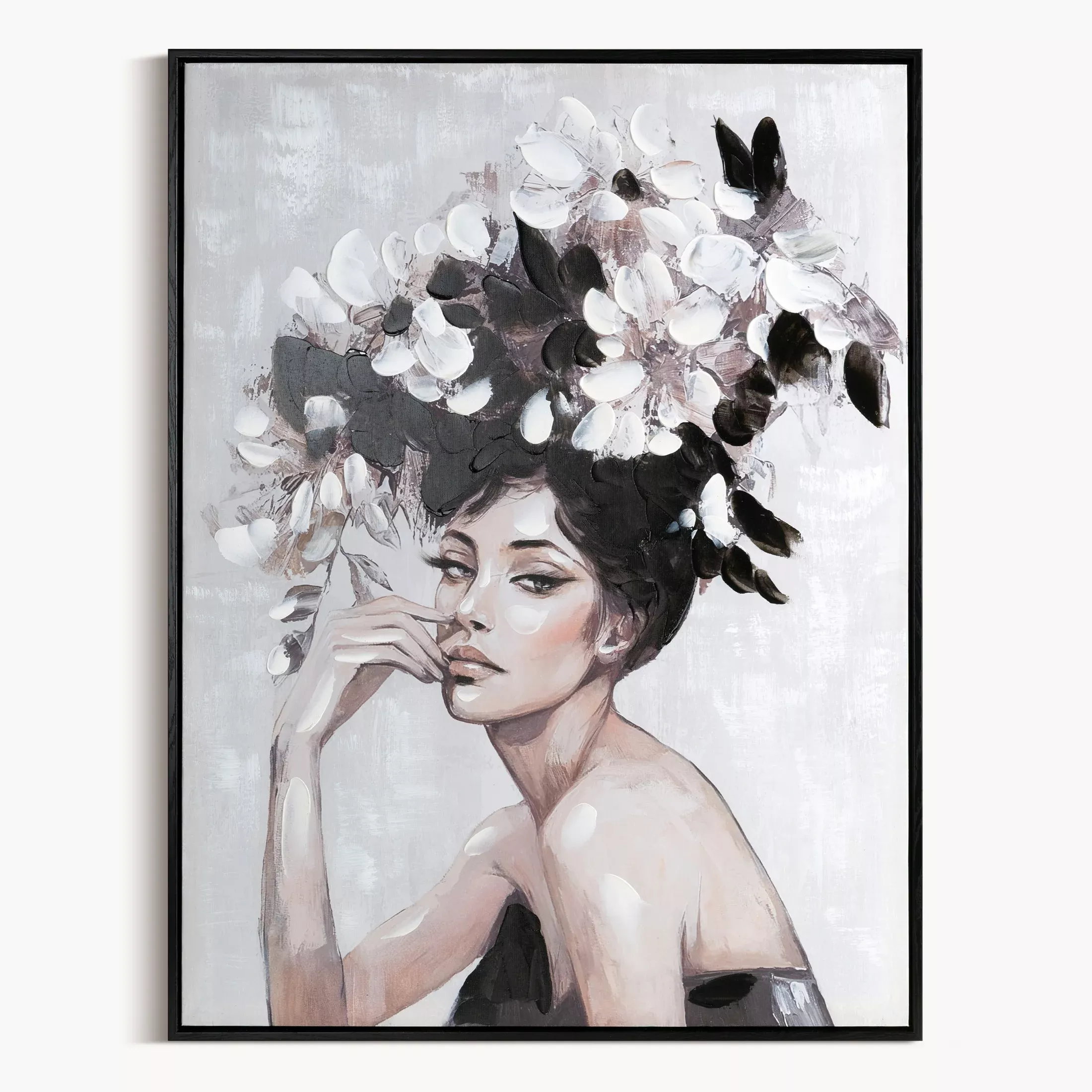 Obraz kremowo, czarny ręcznie malowanej kobiety z kwiatami na płótnie 60x80 cm