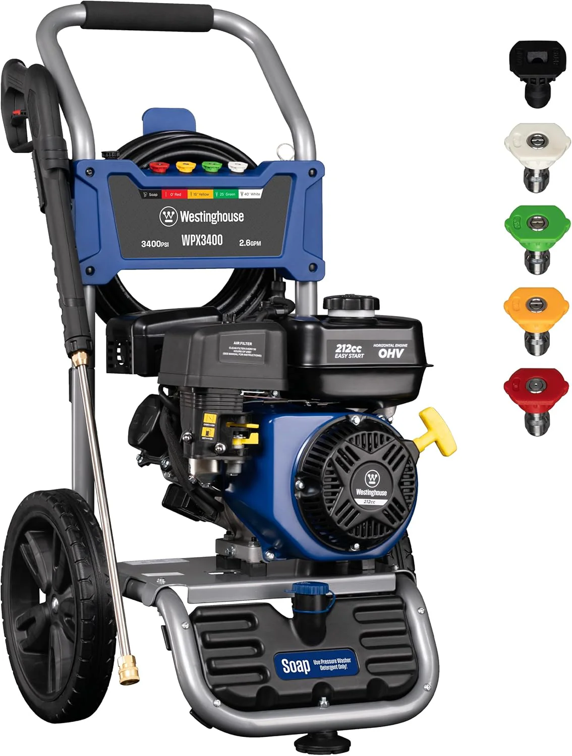 WPX3400 Gas Pressure Washer, 3400 PSI and 2.6 Max GPM, Onboard Soap Tank, Spray Gun and Wand, 5 Nozzle Set, for Cars/Fences/Driveways/Homes/Patios/Furniture(3400 Max PSI)