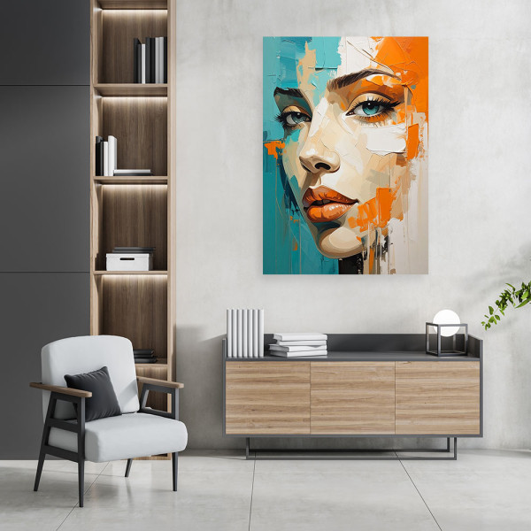 Obraz do salonu sypialni, Kobieta portret turkusowy pomarańczowy 20x30