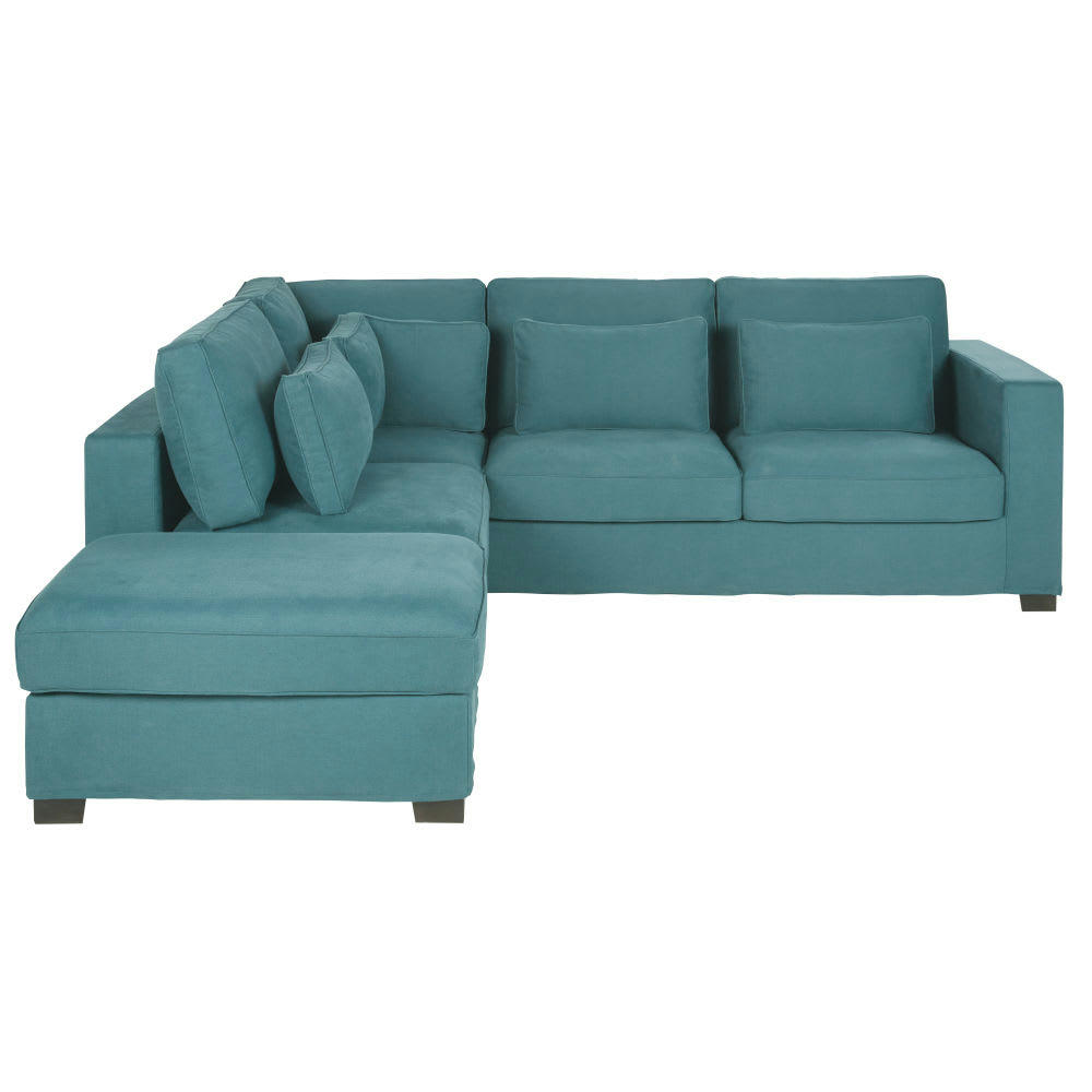 Milano - Canapé d'angle 4/5 places en coton et lin bleu canard