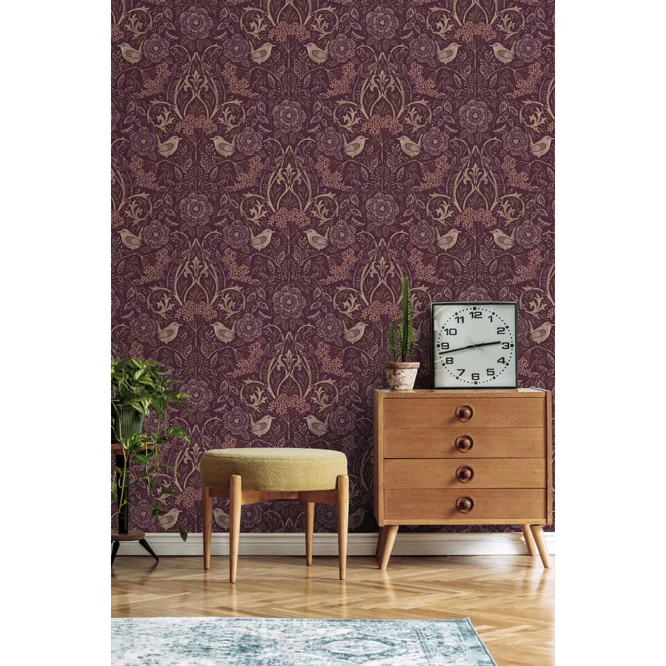 ESTAhome behang bloemen en vogels in art nouveau stijl aubergine paars