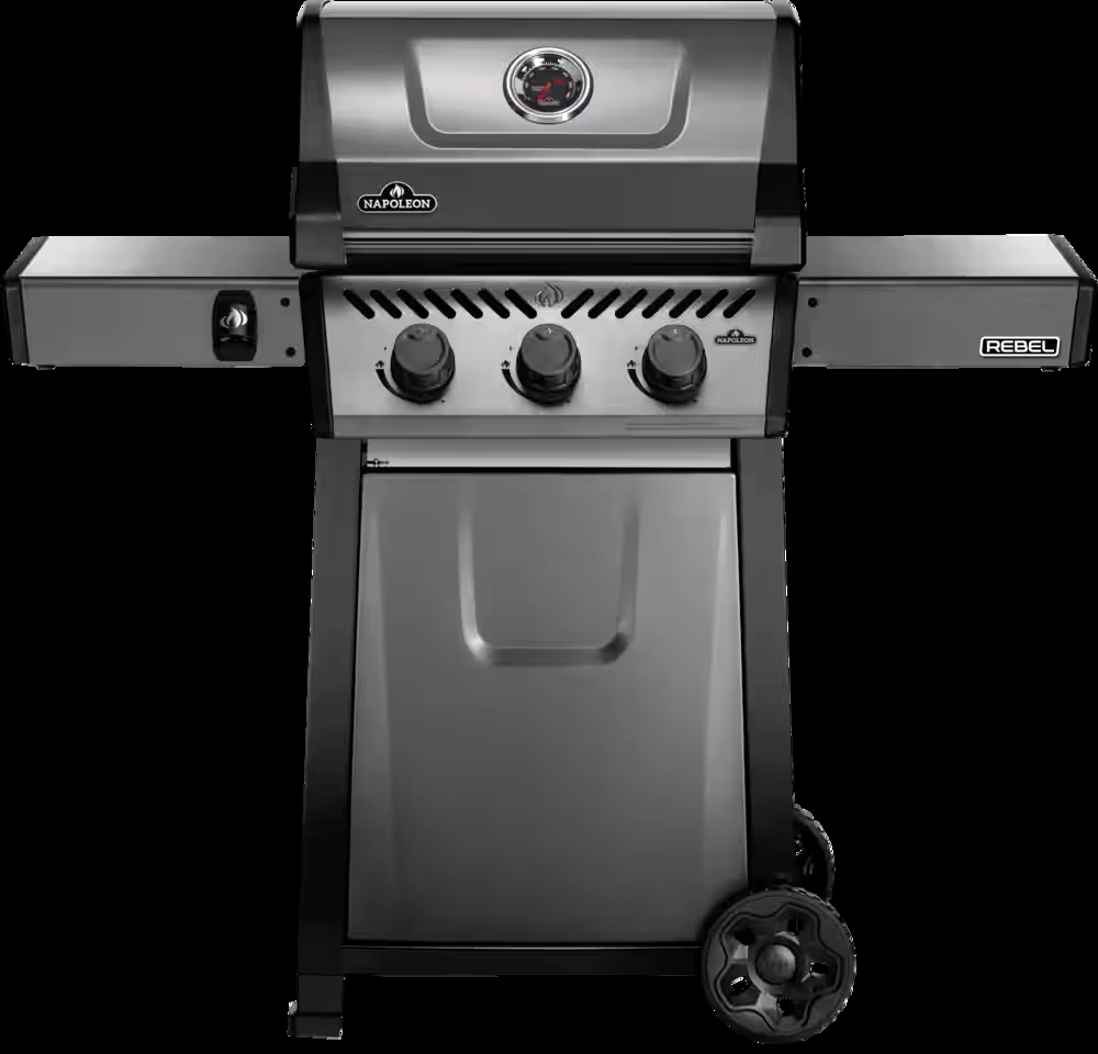 Napoleon Rebel Natural Gas BBQ Grill with 3 Burners, Graphite Grey, Folding Side Shelves, Cast Iron Cooking Grids