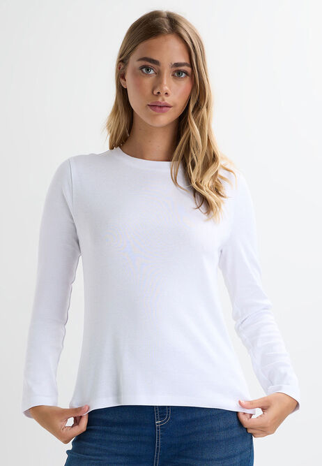 Womens White Plain Long Sleeve Cotton Top