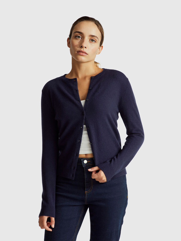 Dark blue crew neck cardigan in pure Merino wool