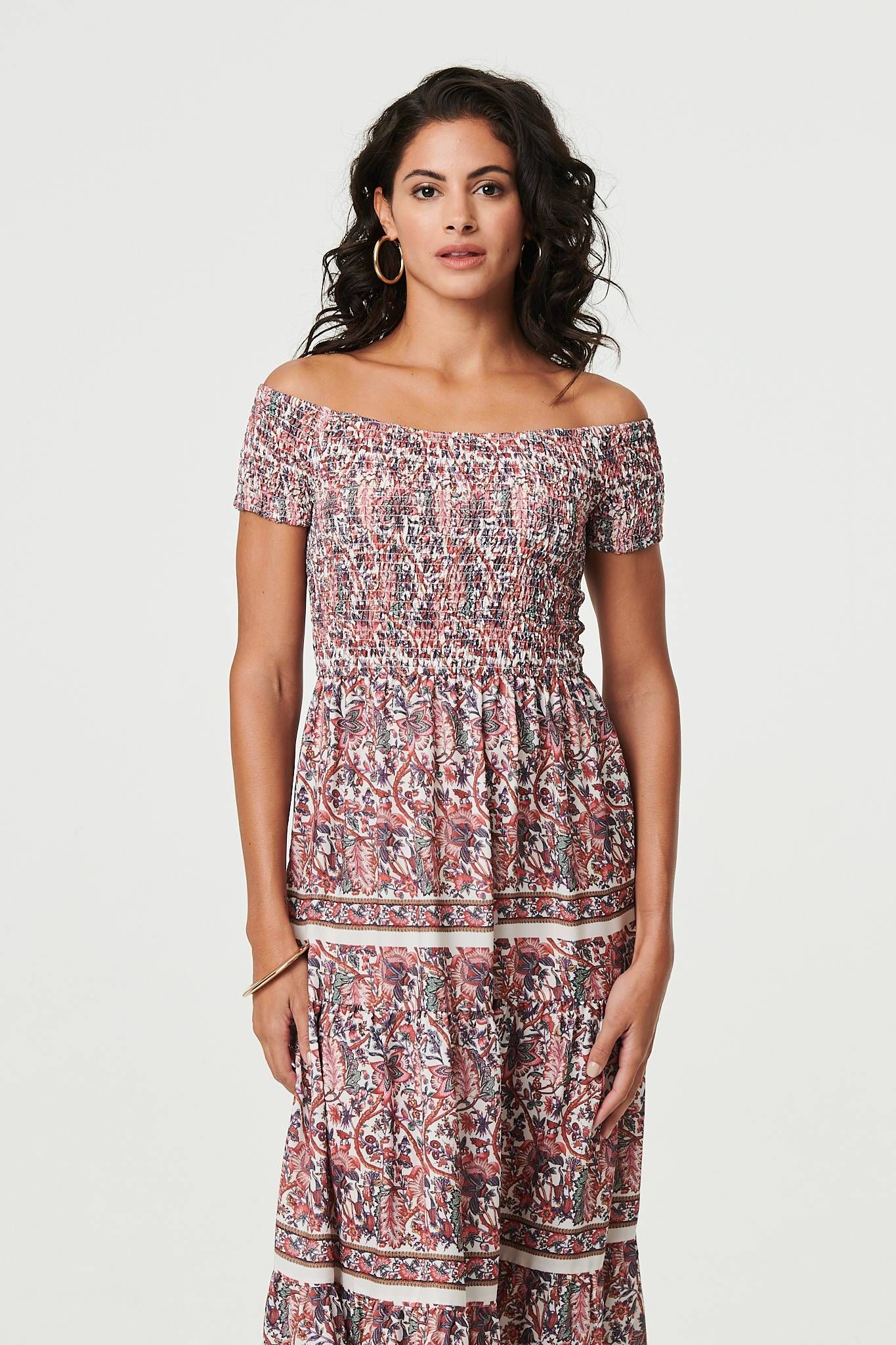 Izabel London Ditsy Floral Bardot Smocked Midi Dress