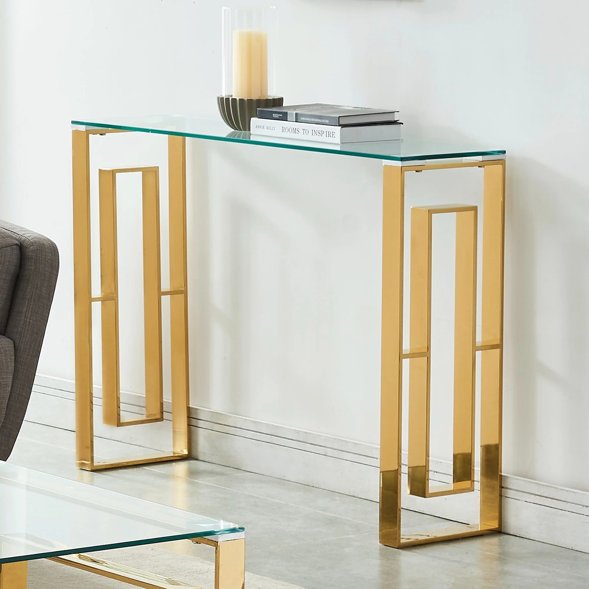 Glass Top Console Table - 39.5 - Gold and Clear