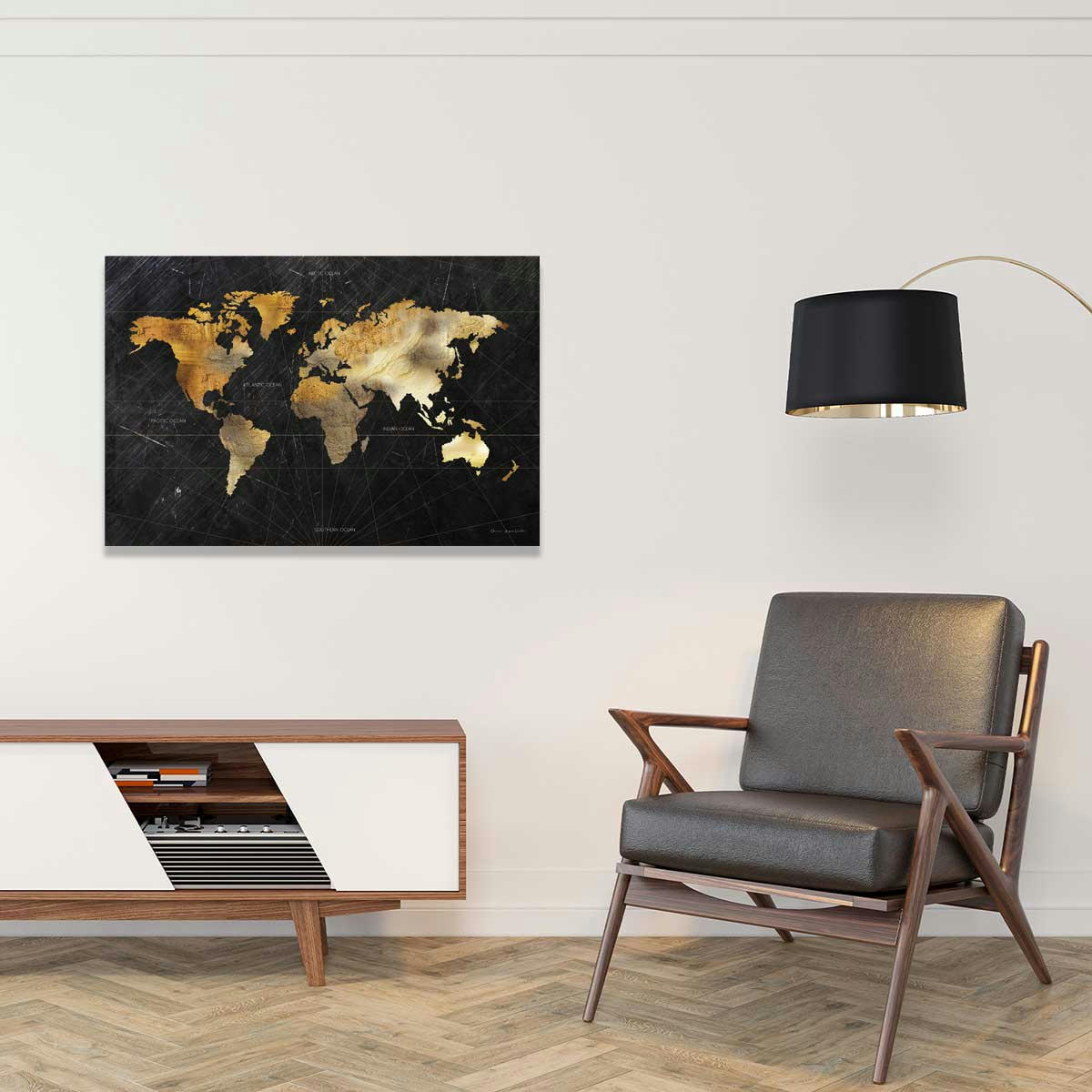 - Tableau Carte du monde dorée imprimé sur toile 90x60cm