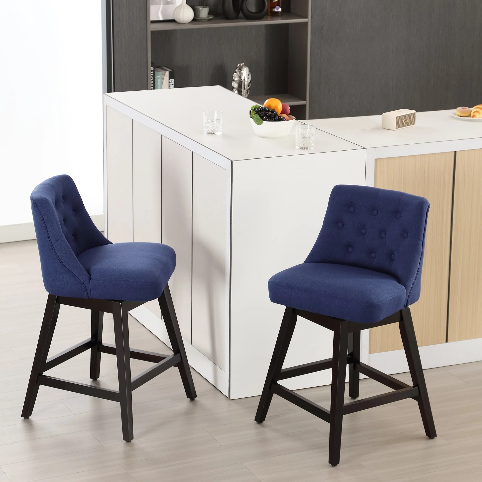 Fabric Upholstered Solid Wood Frame Bar or Counter Height Swivel Bar Stools (Set of 2)