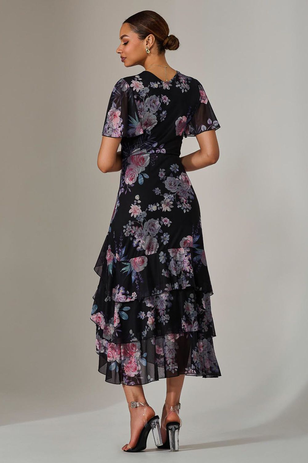 Jolie Moi Mesh Print Frill Hem Midaxi Dress