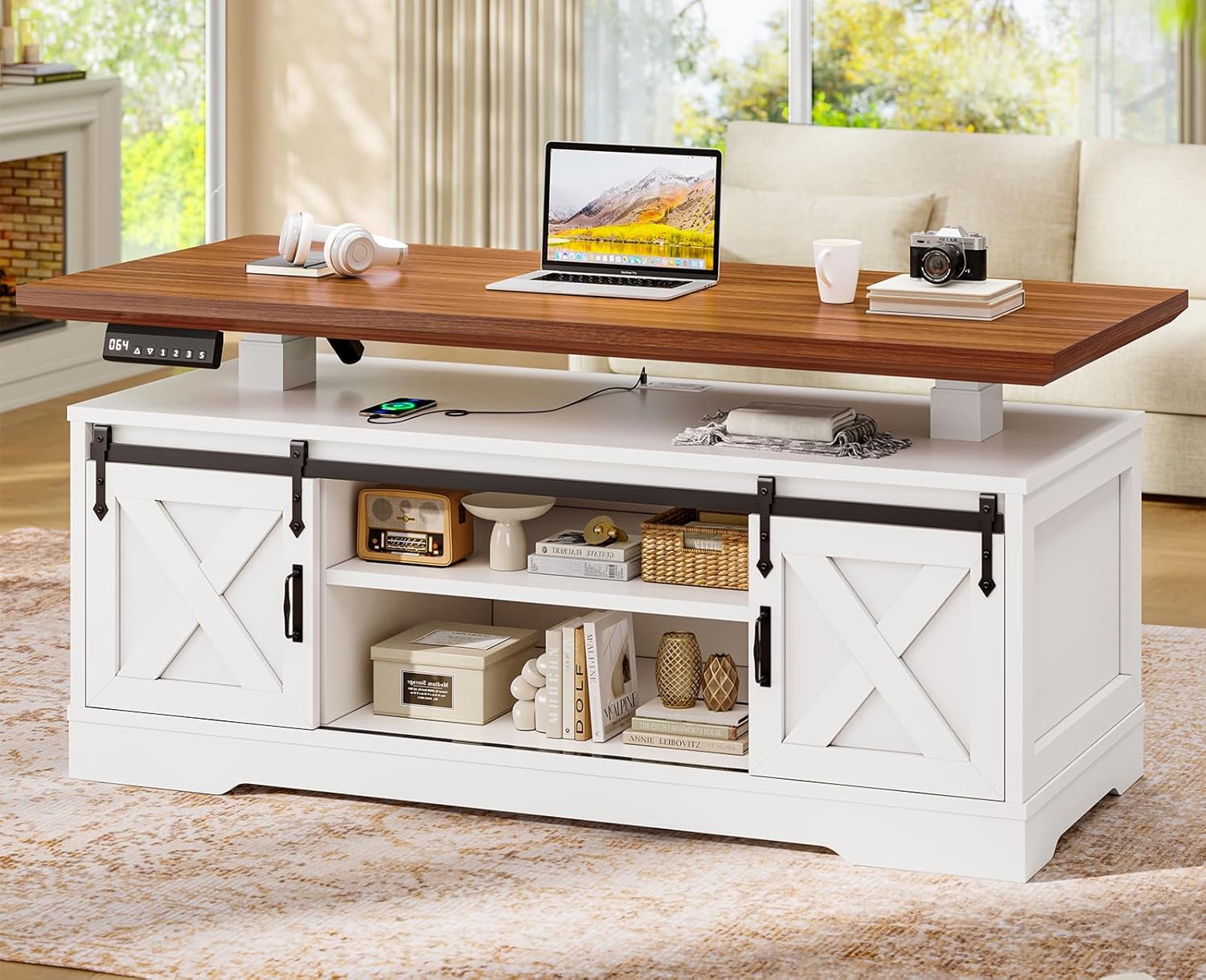 SEDETA 47.2 Farmhouse Smart Lift Top Coffee Table, Rectangle Coffee Table with Storage and Barn Door, Height Adjustable Coffee Table with Power Outlet for Living Room (White)