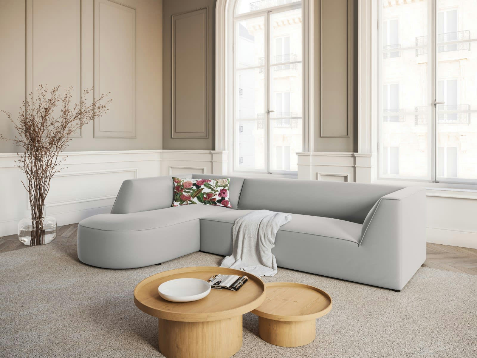 CHARLES - Canapé D'Angle Gauche 4 places en Velours Gris Clair