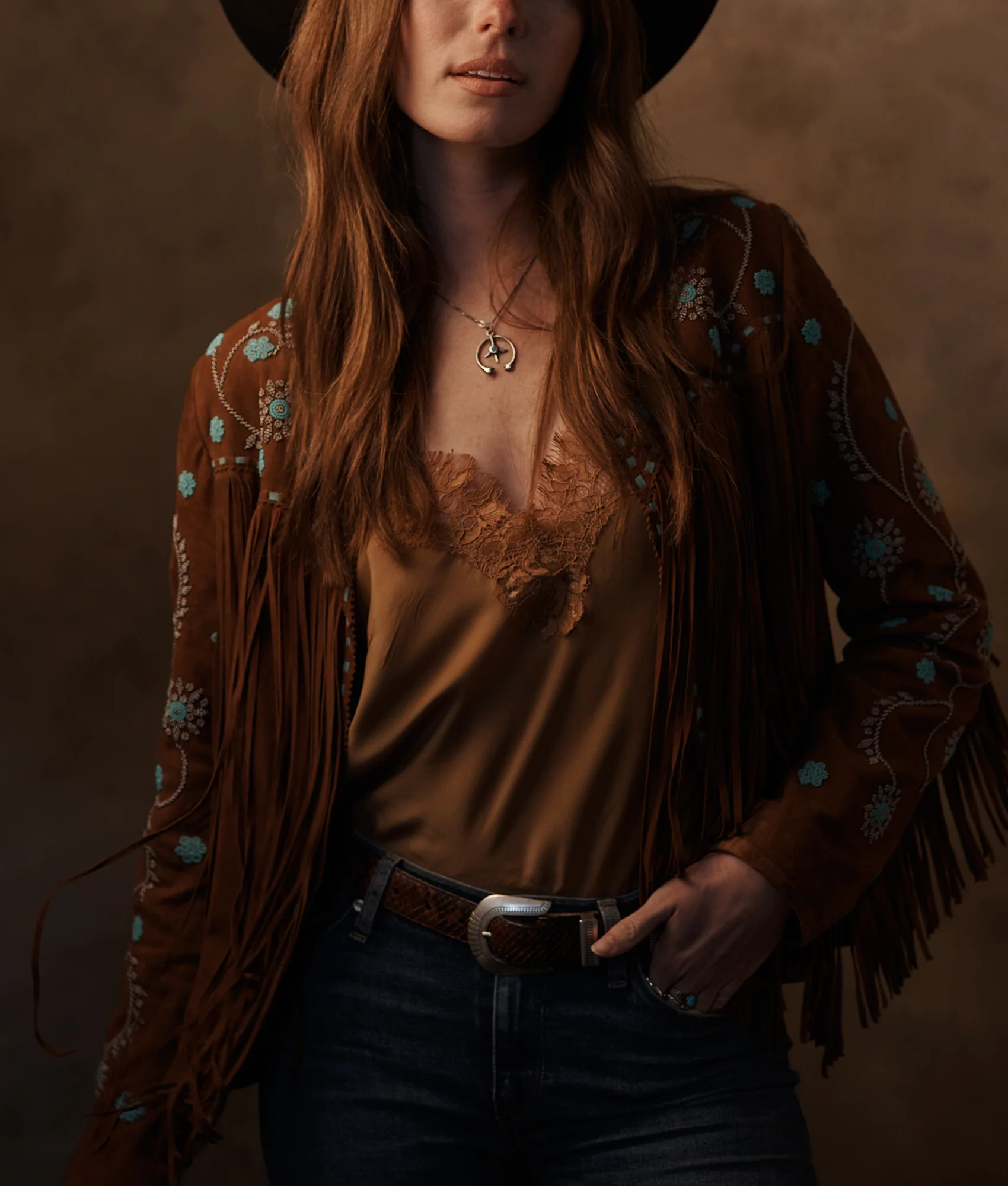 Ellie Beaded Fringe Jacket - Brown
