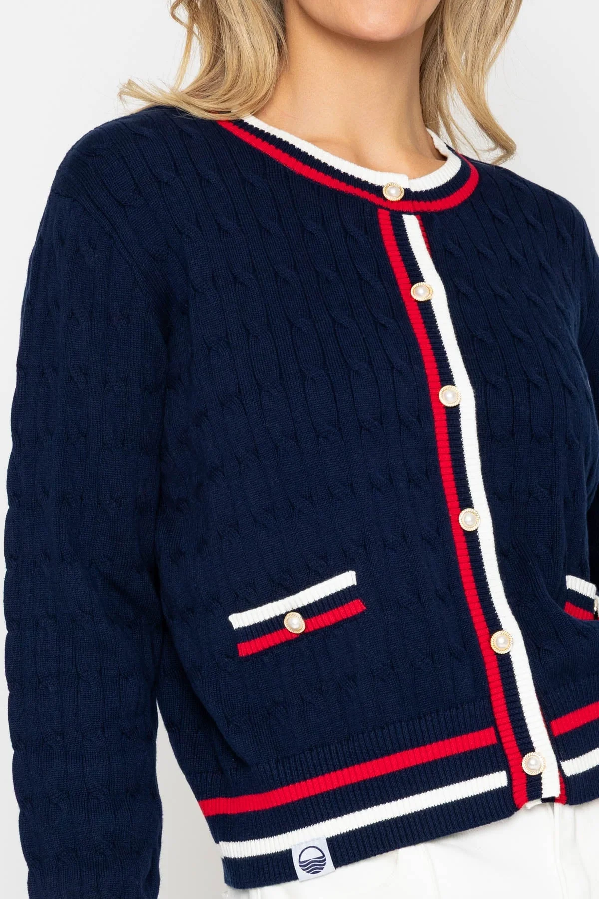 Navy Cable Knit Cardigan With Contrast Rib