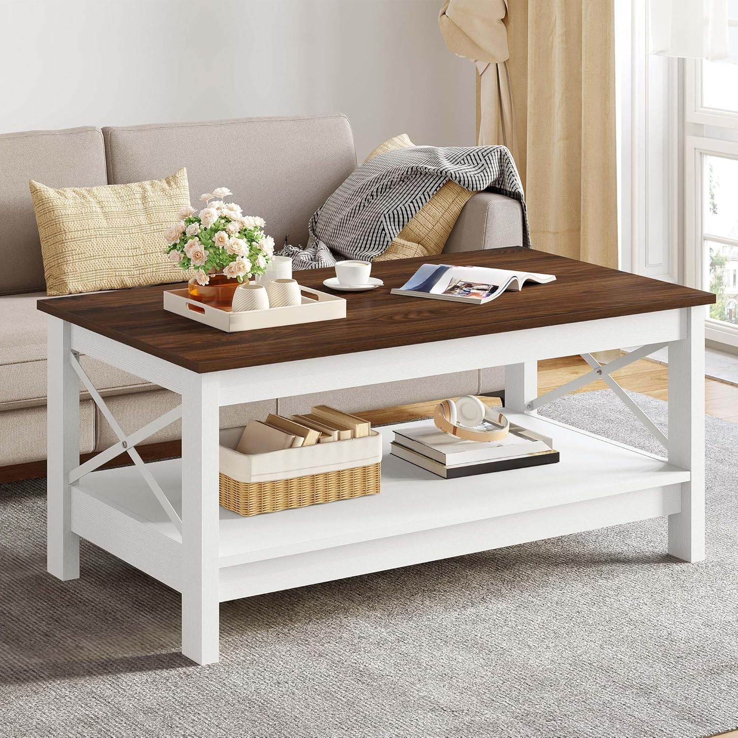 YITAHOME Coffee Table for Living Room, Modern Farmhouse Coffee Table with Storage, 2-Tier Center Table Wood Living Room Table Accent Cocktail with Sturdy Frame, Brown