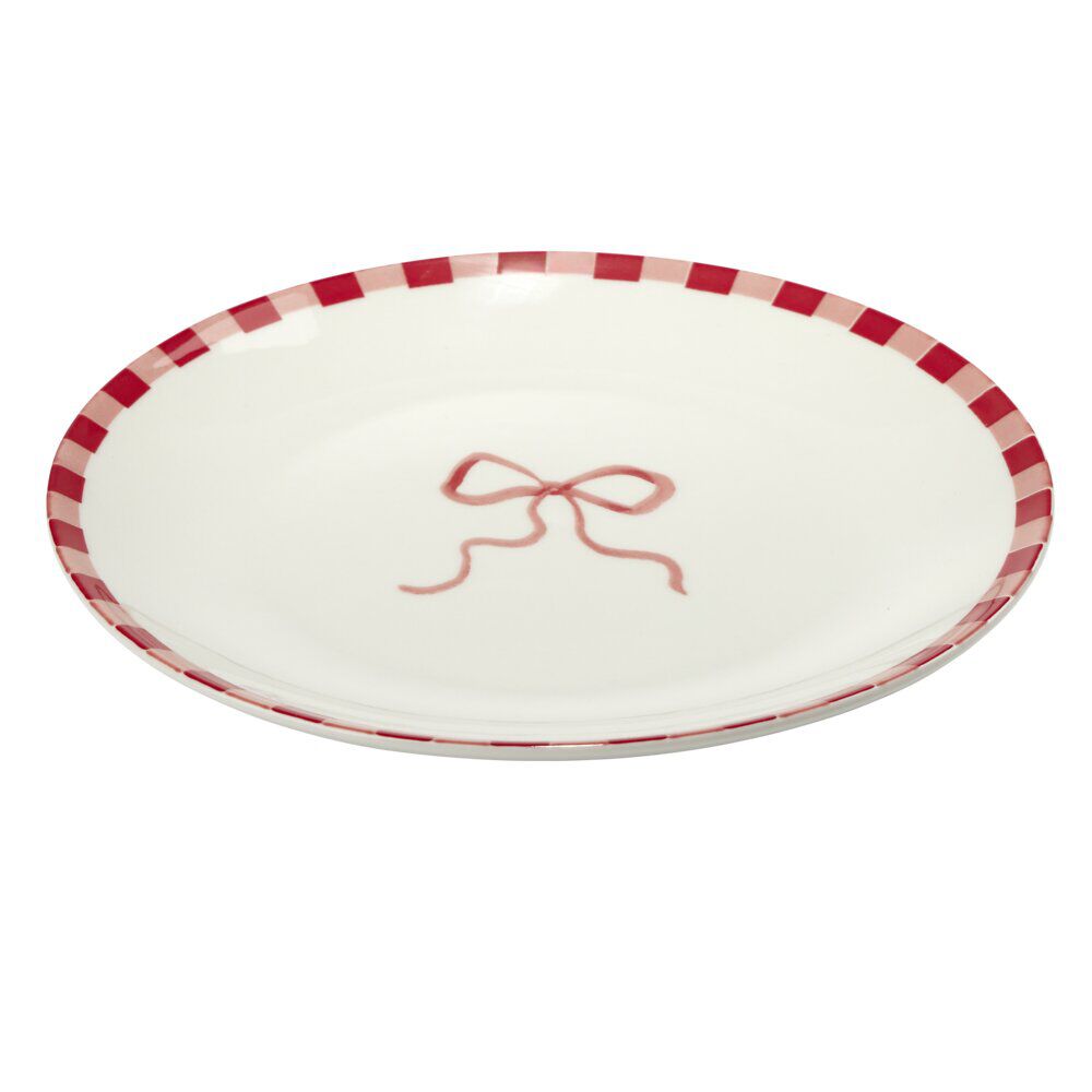 Assiette à dessert porcelaine motifs noeud et rayures blancs et rouges Ø19cm