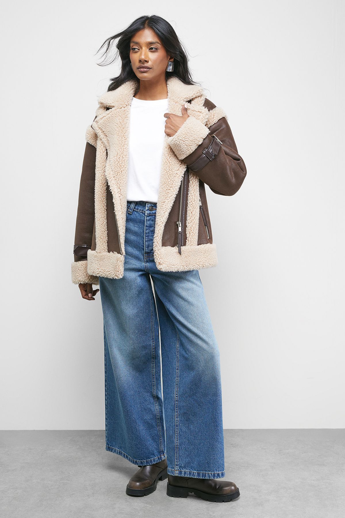 Warehouse Wool Lined Shearling Biker Jacket
