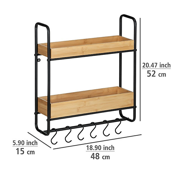 Etagère murale Loft avec 2 tablettes et 6 crochets - en Métal et Bambou