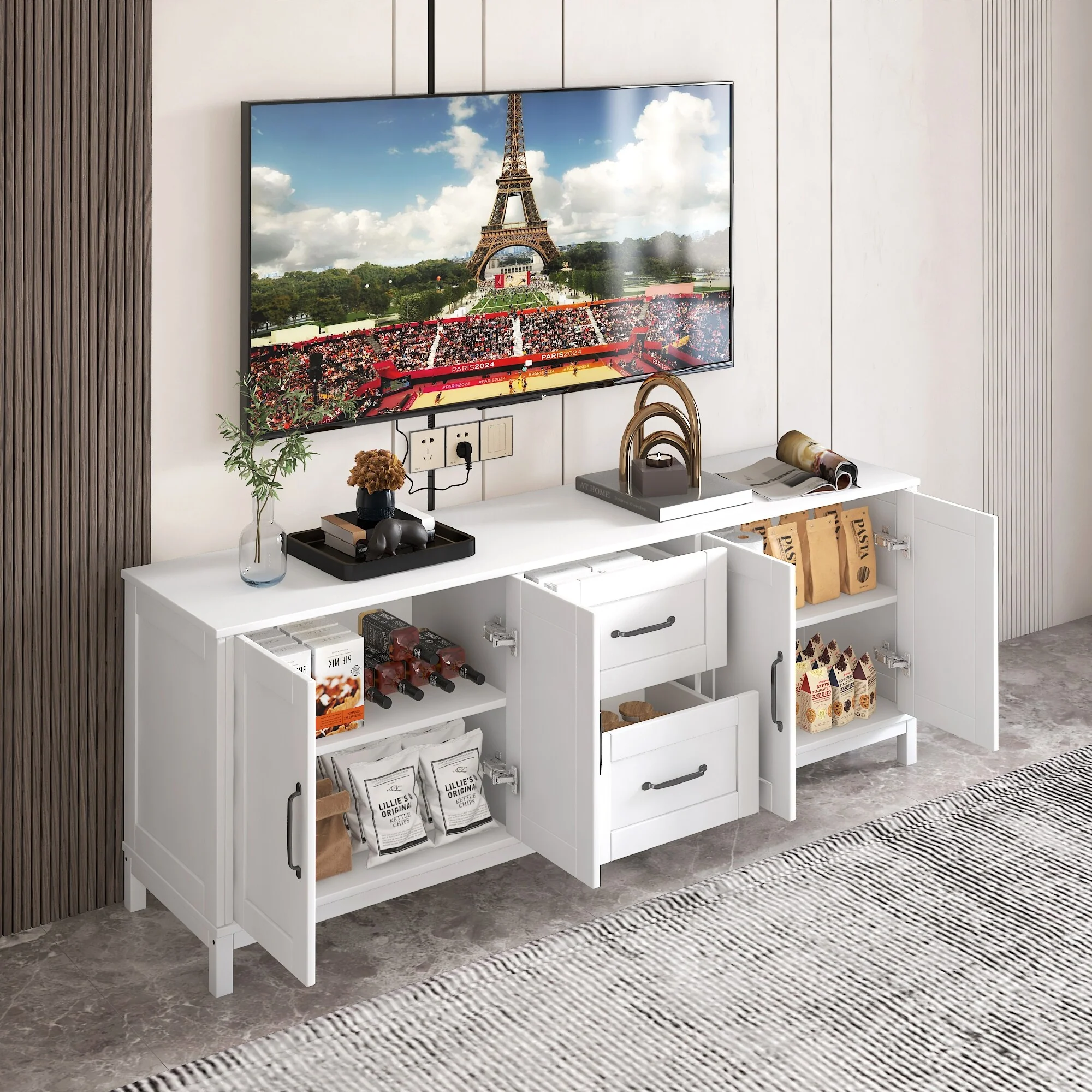 Modern White TV Stand with Drawers and Cabinet for Organized Entertainment Center