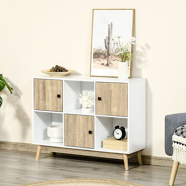 Bibliothèque meuble de rangement design scandinave 3 niches 3 portes panneaux particules blanc aspect chêne clair