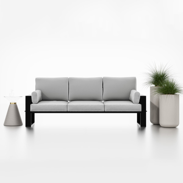 Jasnoszara sofa ogrodowa trzyosobowa czarna noga GARTEN