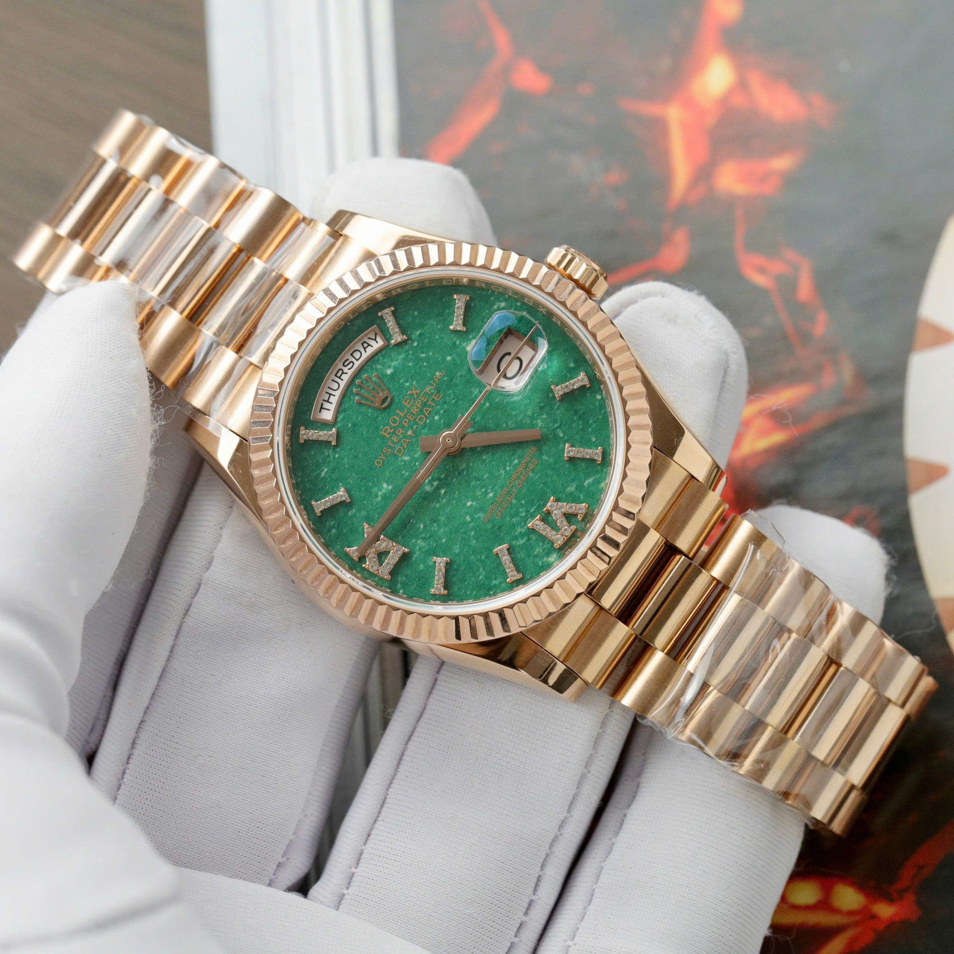 Rolex Day-Date 128235 RG Plated Green Dial CZ Diamonds 36mm Super Clone
