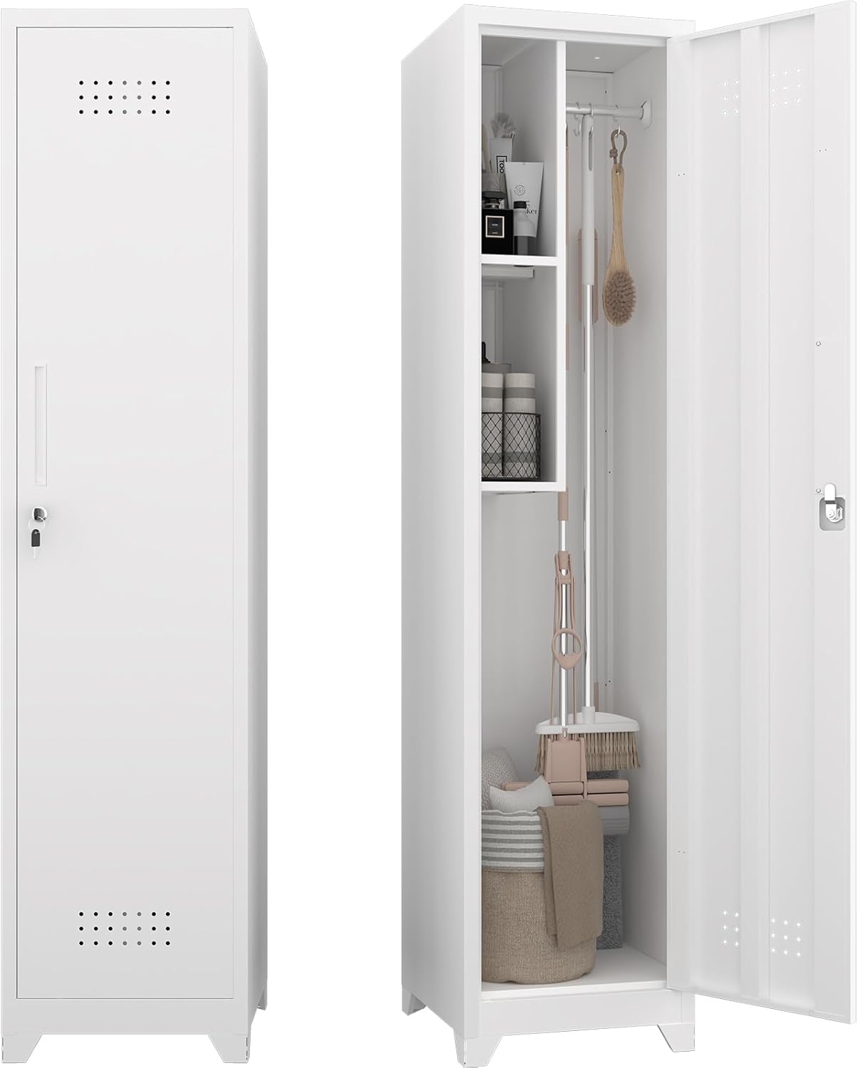 Metal Garage Storage Cabinet,Broom Closet Storage Cabinet,Utility Closet Cabinet for Broom,Garage,Kichen,White
