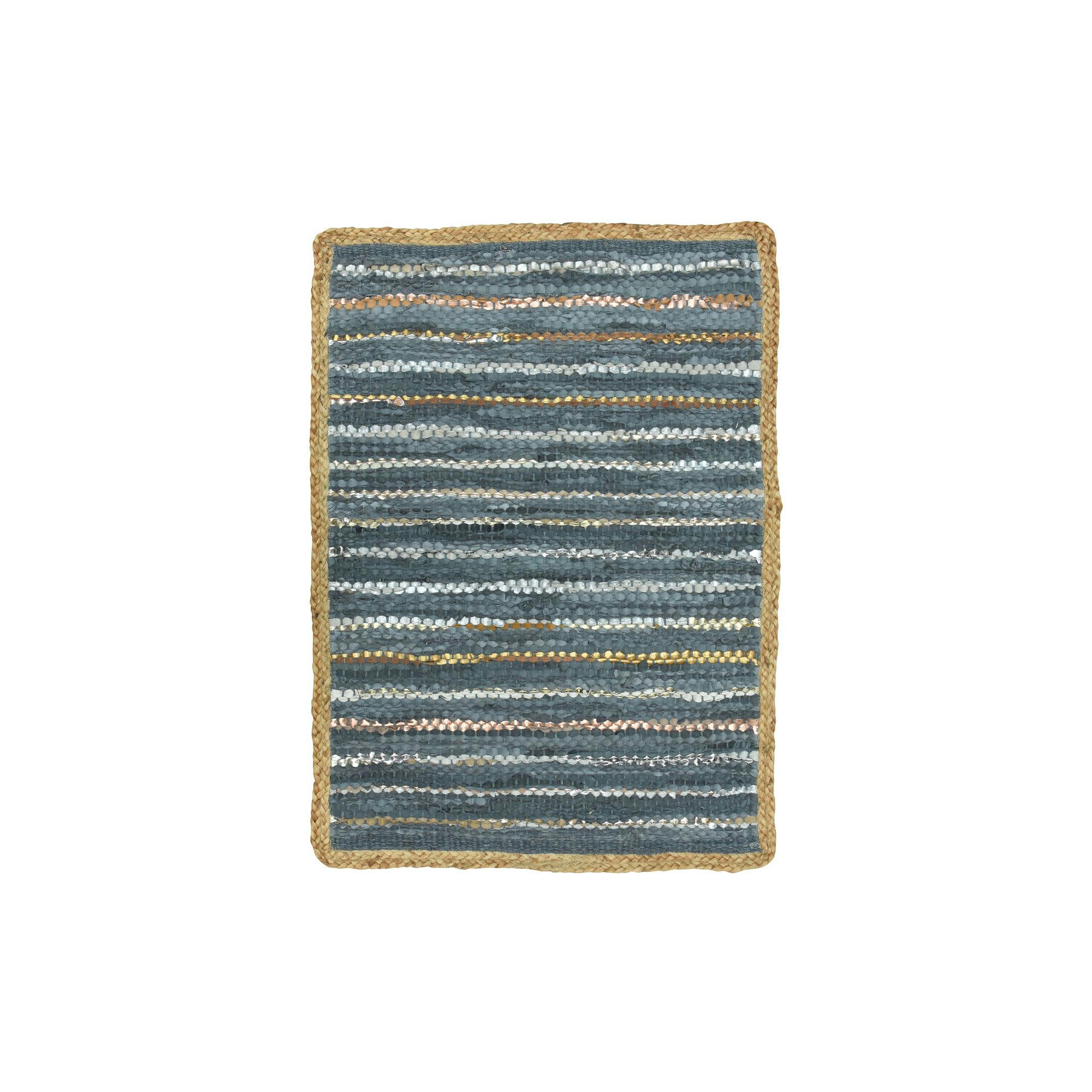 ASMA - Tapis en cuir, jute et coton bleu et argenté 60x80cm