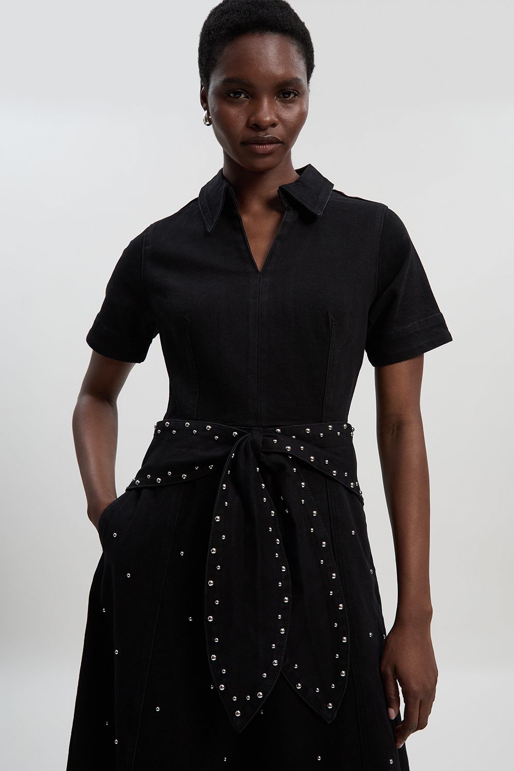 KarenMillen Denim Placed Studs Tie Belted Short Sleeve Full Midi Dress