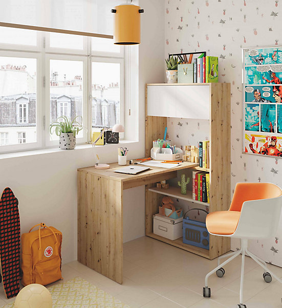 Bureau Dmangn, Bureau d'angle réversible multifonctionnel avec bibliothèque, 108x70h140 cm, Chêne blanc et noué