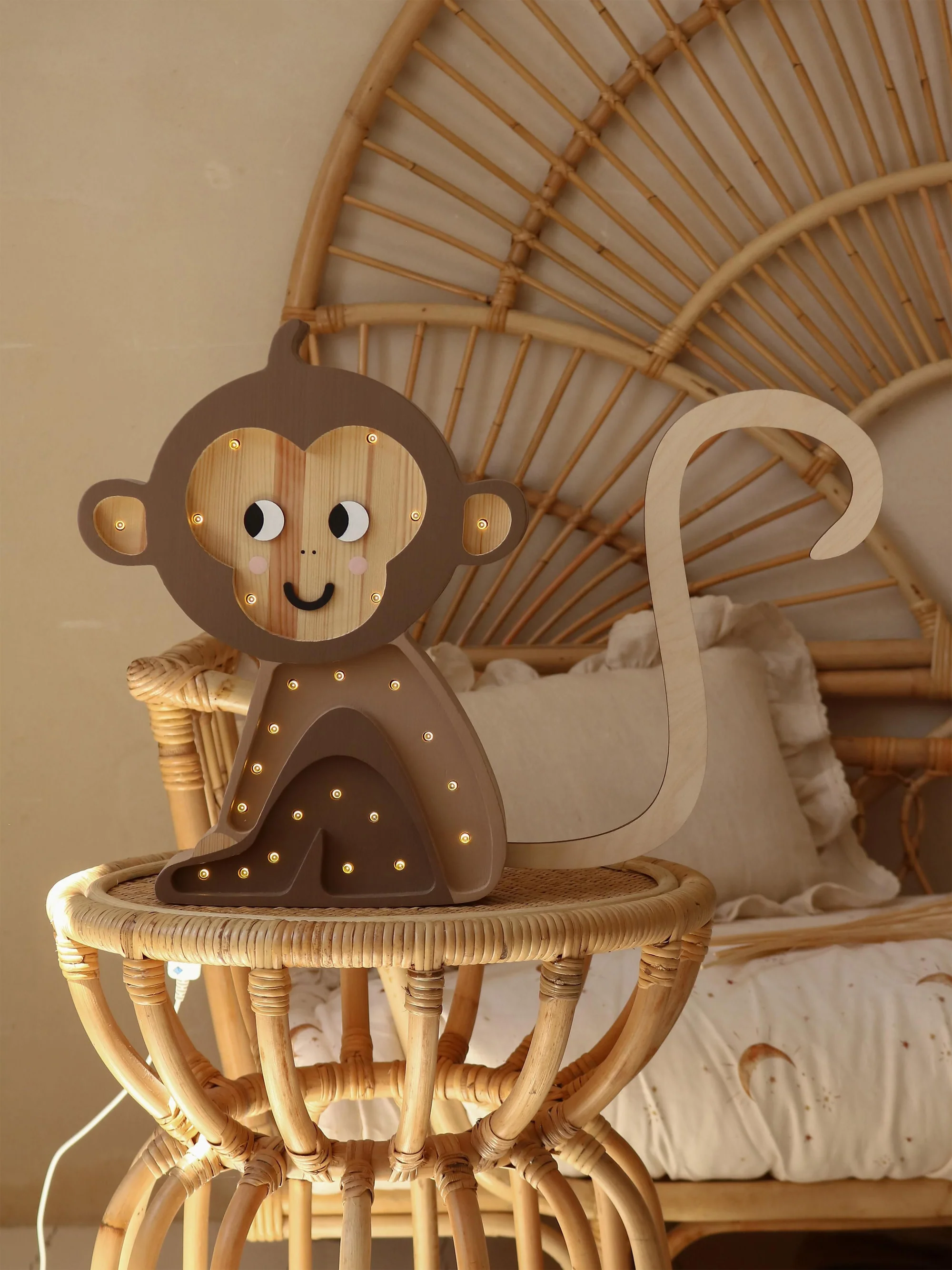 Handgefertigte LED-Kinderzimmerlampe Monkey mit Timerfunktion und Fernbedienung, dimmbar