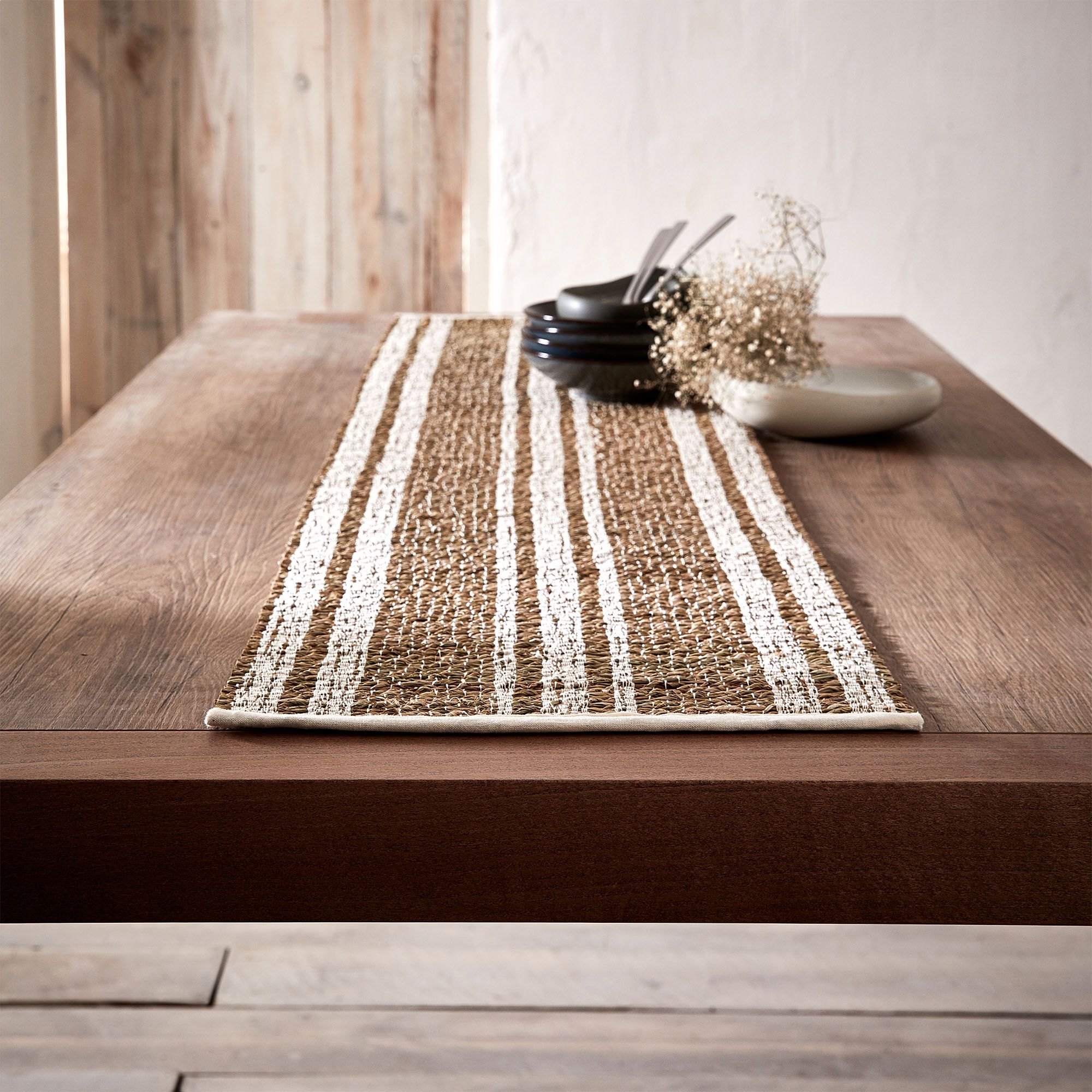 SONA - Chemin de table en paille et coton - naturel 50x150cm