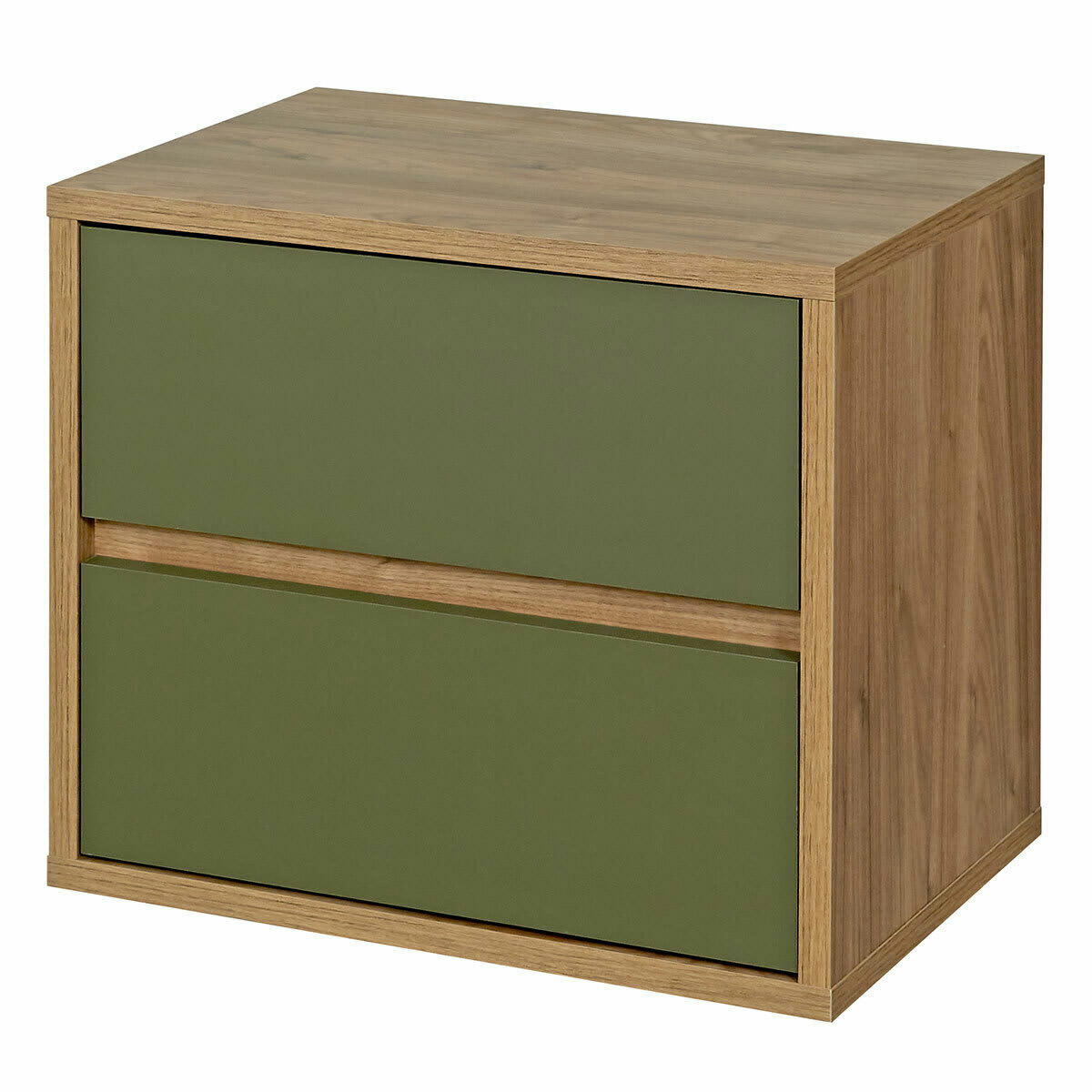 KIRA - Chevet 2 tiroirs effet bois noyer et vert