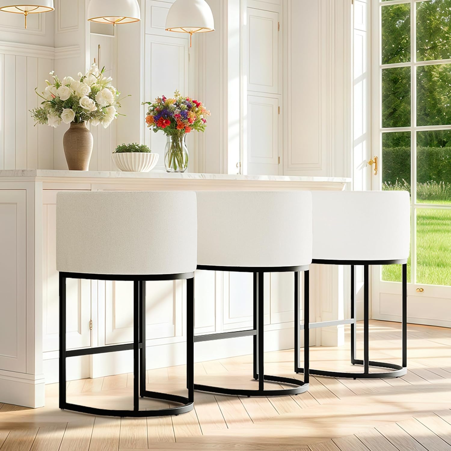 Modern Counter Height Bar Stools,Bar Stools Set of 3,Fabric Upholstered Barrel Barstools with Backs,26'' Kitchen Island Chairs,Metal Black Frames,Snowy White Linen