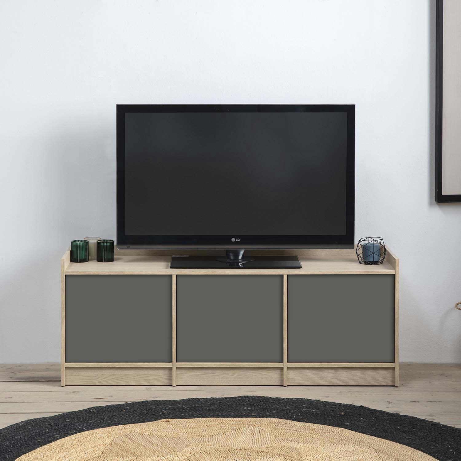 MOSCU - Meuble tv avec 3 portes, couleur chêne/gris, 139 cm longueur
