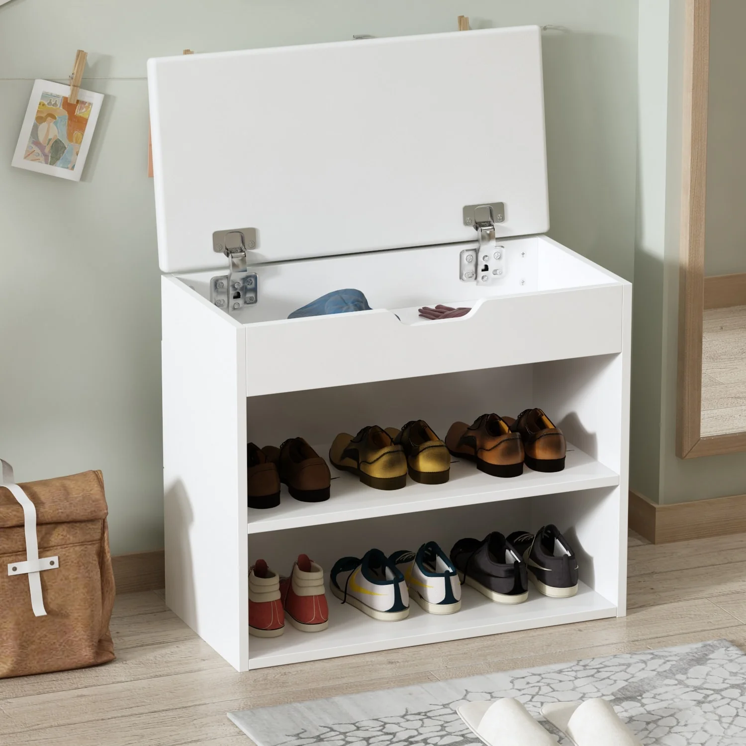 Timechee 24 White Entryway Shoe Storage Bench w/ Open Shelf (6 Pairs)