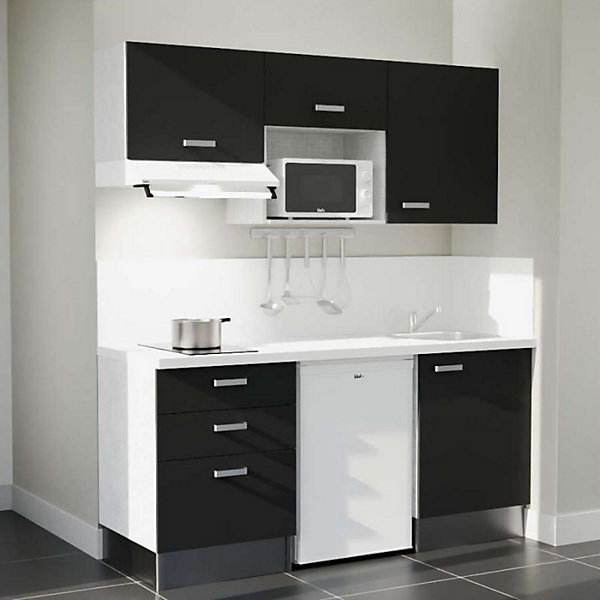 Kitchenette K20 - 180 cm - Façades : Noir - Plan de travail : Blanc - Crédences : Oui - Evier