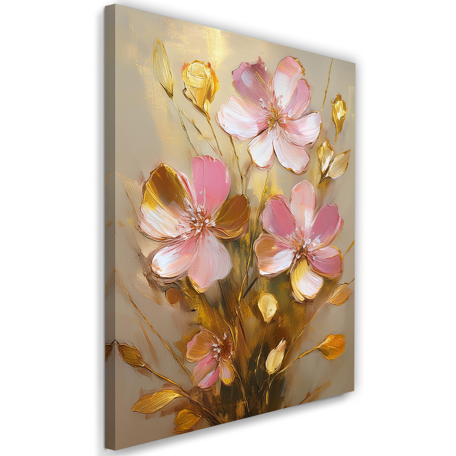 Feeby Obraz na płótnie, Różowe Kwiaty Złoty Glamour 40x60