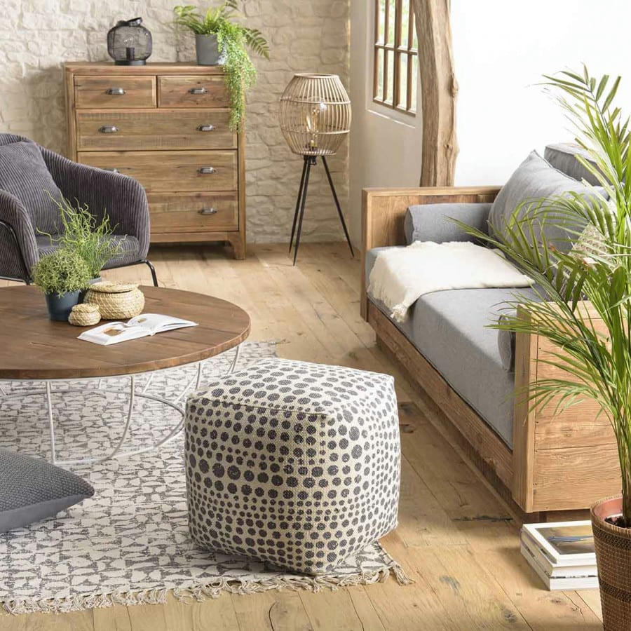 CHARLES - Pouf carré tissu coton imprimé pois gris