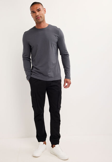 Mens Charcoal Cotton Long Sleeve T-Shirt