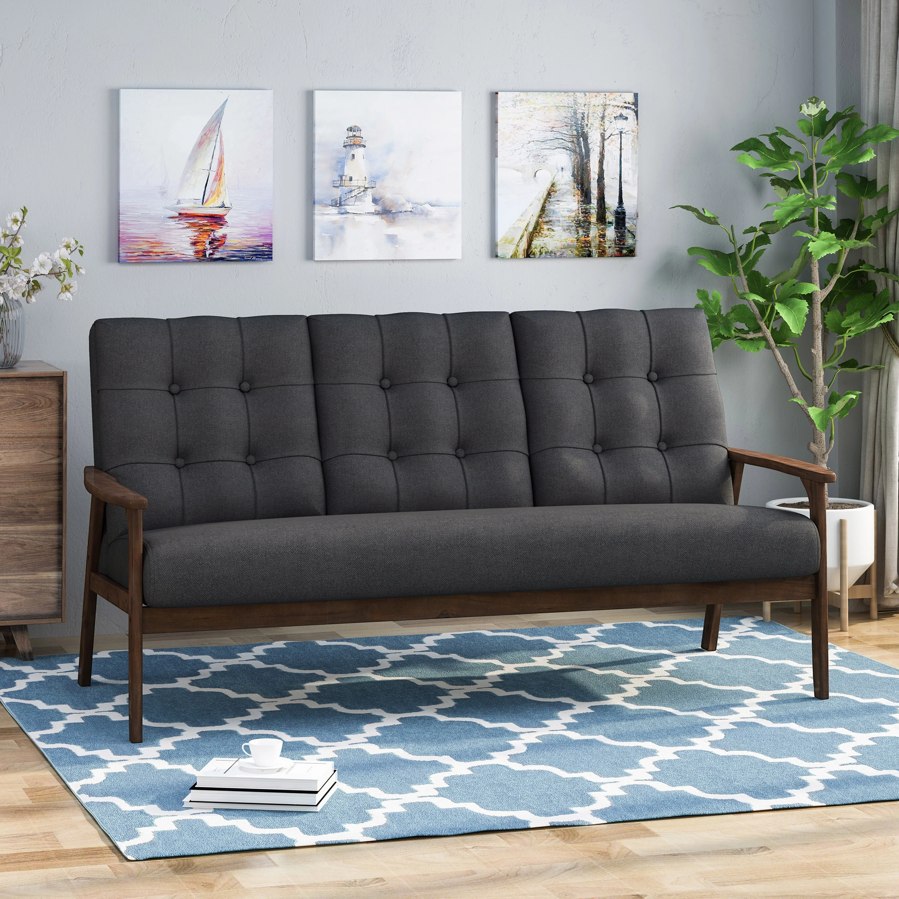 Grey 65.6'' Mid-Century 3-Seater Sofa with Waffle Stitch Tufting, Rubberwood Legs, and Accent Design