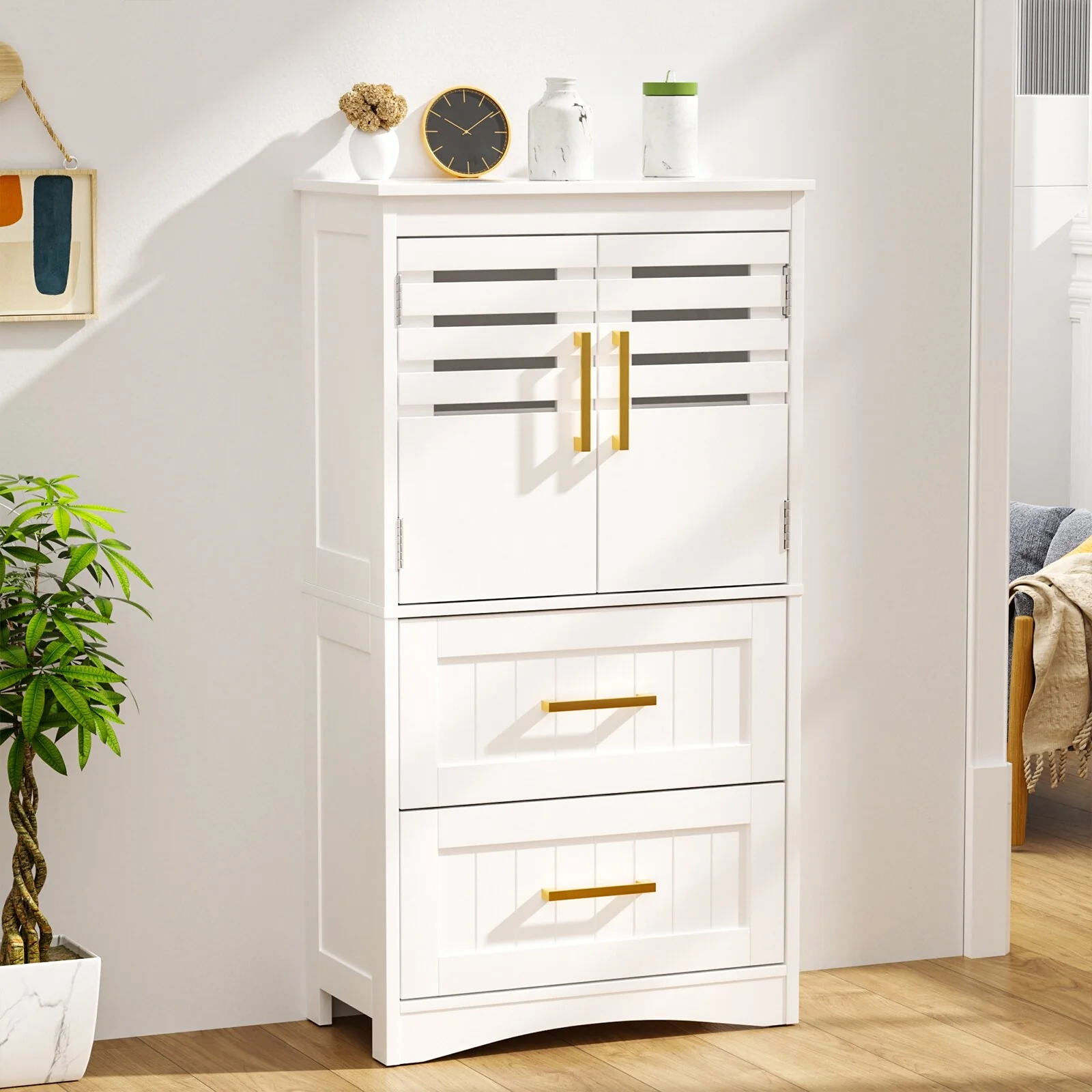 Floor Storage Cabinet,Freestanding Bathroom Cabinet with 2 Drawers and 2 Doors,Storage Cabinet with 5 Adjustable Height Shelf